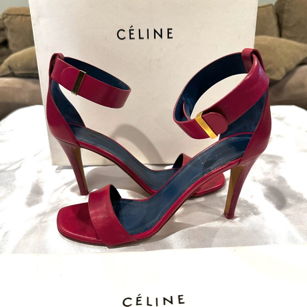 Celine Dark Cherry/Red Ankle Strap Leather Sandals, Size EU 37.5 - US 7